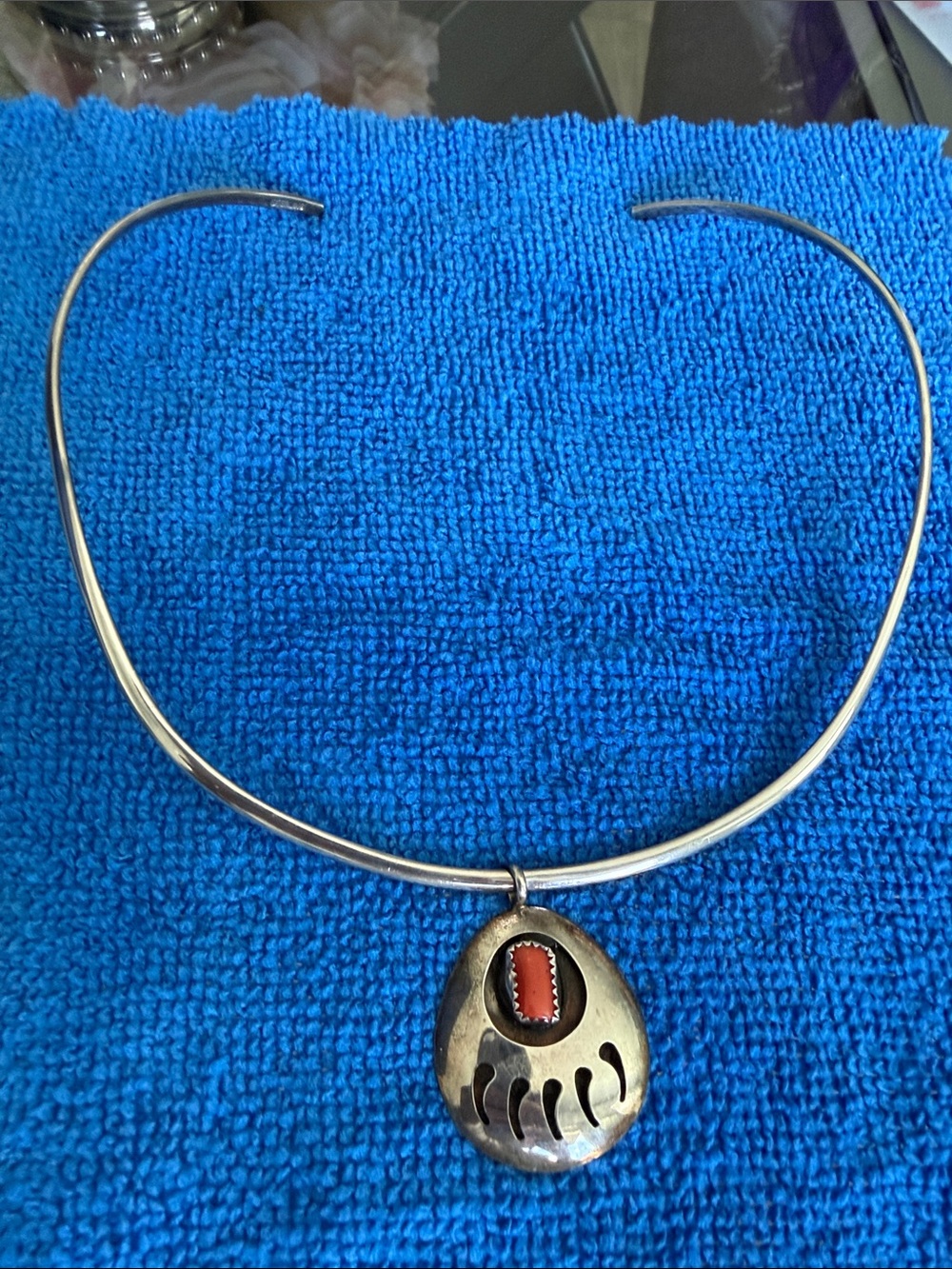 Sterling Silver Collar Necklace with Red Coral Stone Sterling Bear Paw Pendant